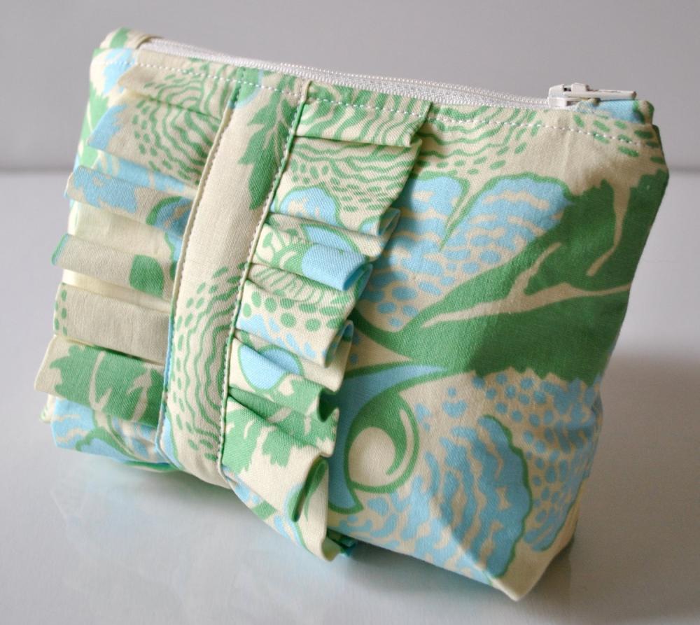 Amy Butler cosmetics make up bag ruffle blue and green abstract florals UK Handmade