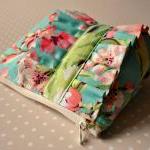 make up bag Tropical garden UK Handmade cosmetics purse in Amy Butler Bliss Bouquet in teal fabric with ruffle